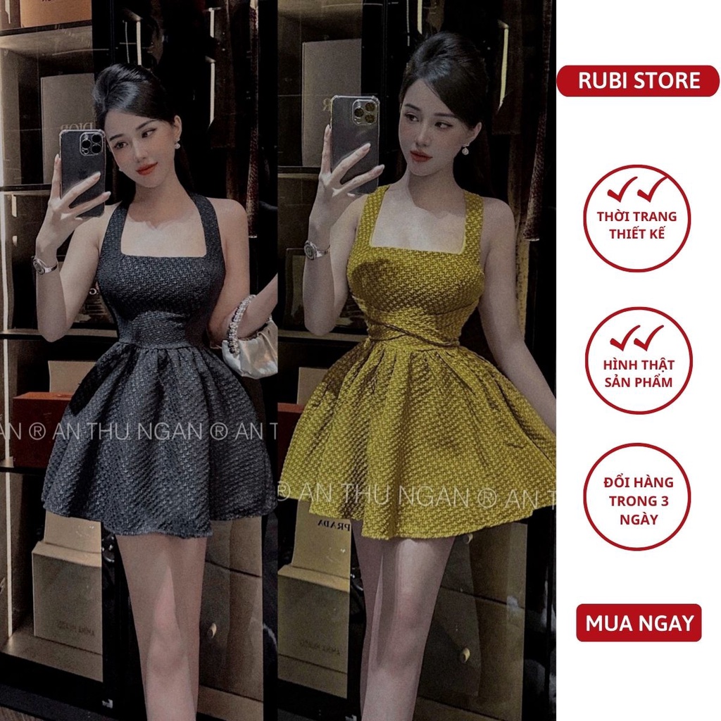 A143 Đầm thiết kế dự tiệc RUBI STORE 2 dây nơ cổ yếm dáng xòe chất vải gấm cao cấp