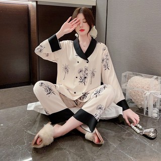 Bộ đồ ngủ tay dài bằng lụa mỏng nhân tạo kiểu dáng mới dành cho nữ