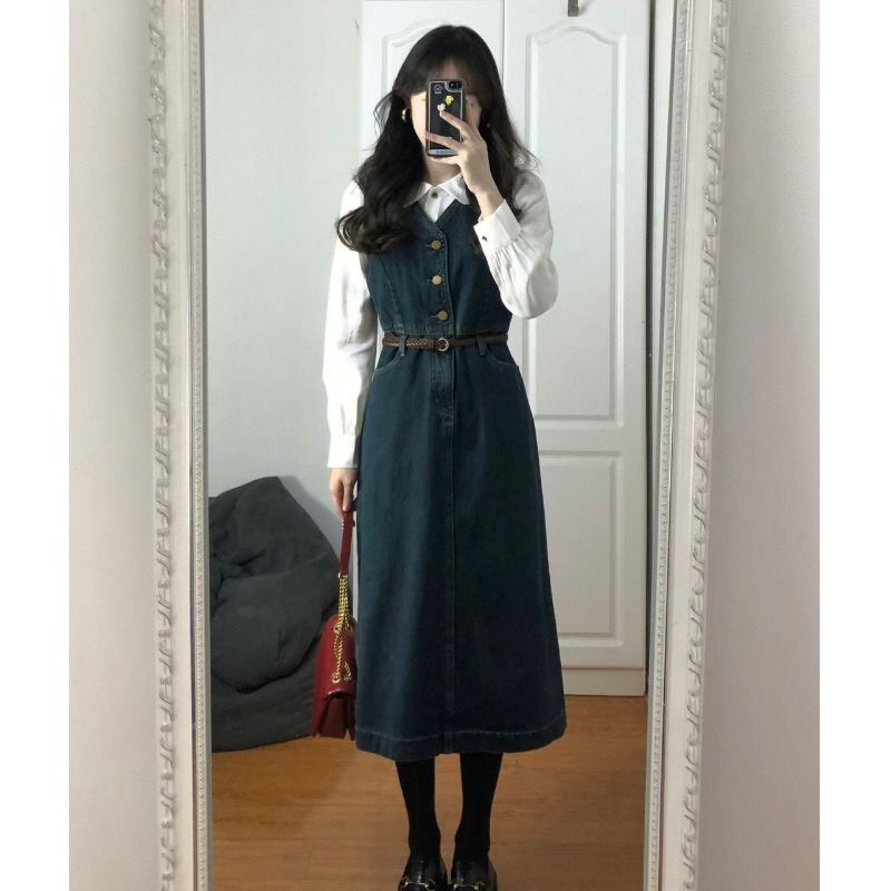 Yếm Váy Nữ Dáng Dài, Váy Yếm Jeans Dáng Dài Thắt Lưng Ở Eo Cổ V Có Cúc Phong Cách Hàn Quốc