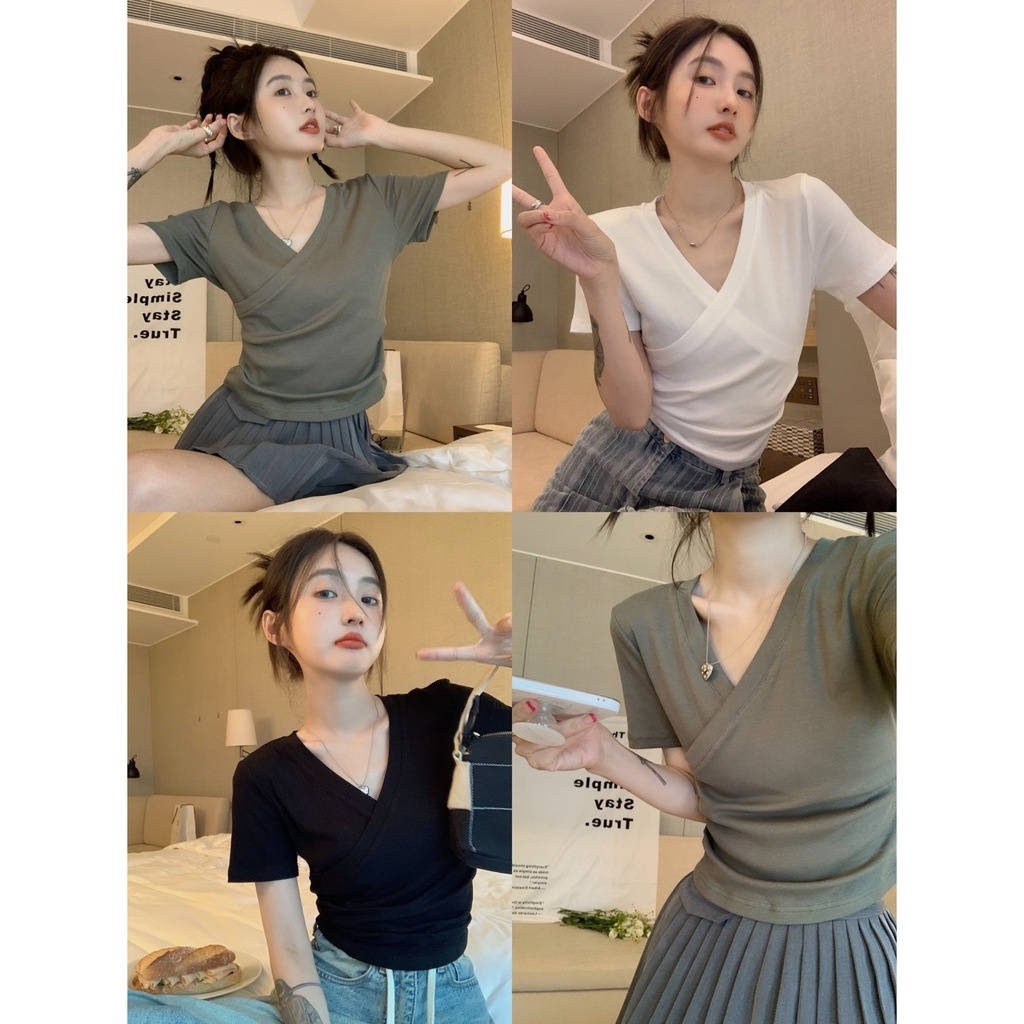 [3 Màu Sắc] Áo Thun Thiết Kế Cổ Chữ V Chéo Tay Ngắn