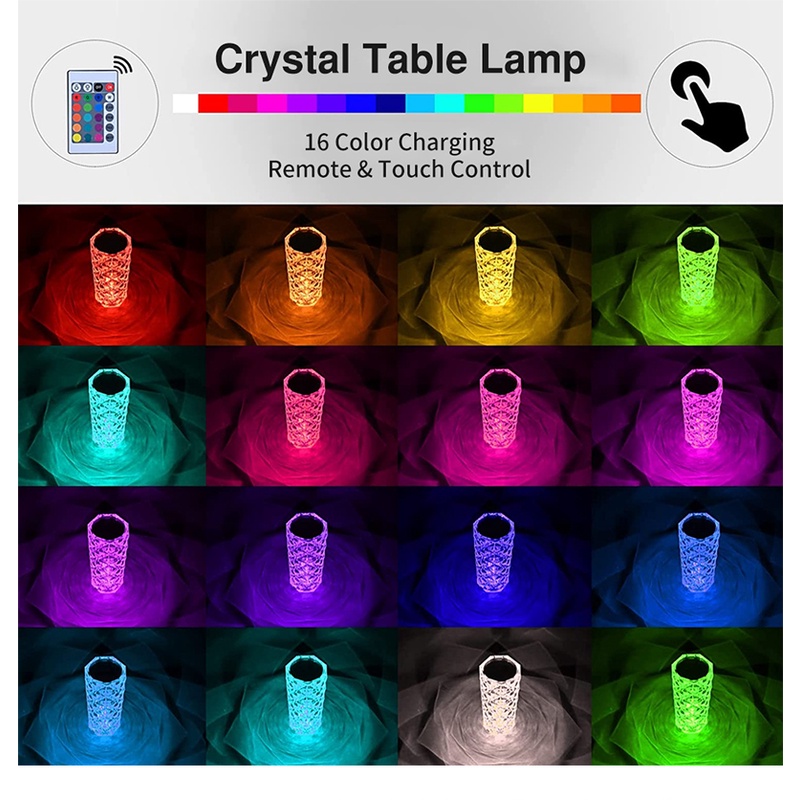 Đèn Ngủ Để Bàn 3 / 16 Màu Sạc USB Cảm Ứng Hình Hoa Hồng Pha Lê