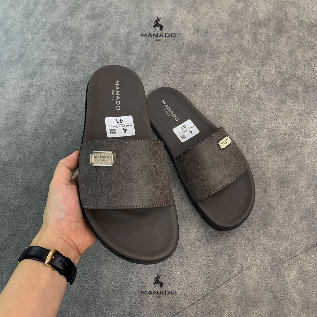 Dép da nam quai ngang cao cấp Manado Mã MND12 màu xám fullbox, quai da mềm mại, đế cao su thiết kế chắc chắn