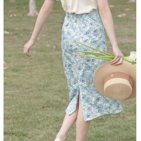 Chân Váy Chữ A Lưng Cao Họa Tiết Hoa Phong Cách Retro Pháp
