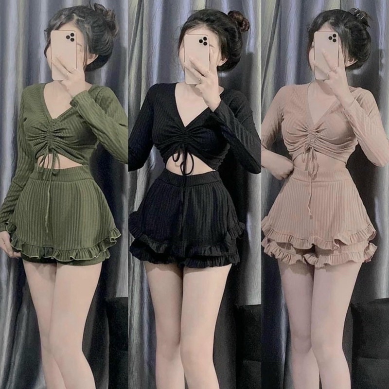 SÉT QUẦN BÈO TẦNG XINH KÈM ÁO RÚT DÂY BODY DX3