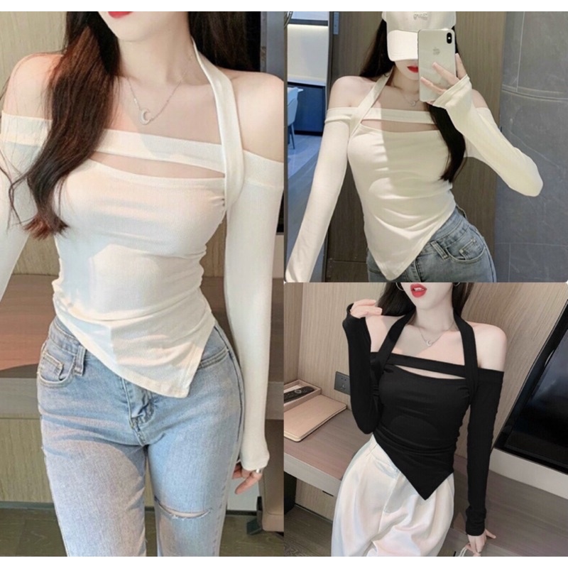 Áo Thun Tăm Trễ Vai Choker Siêu Xinh