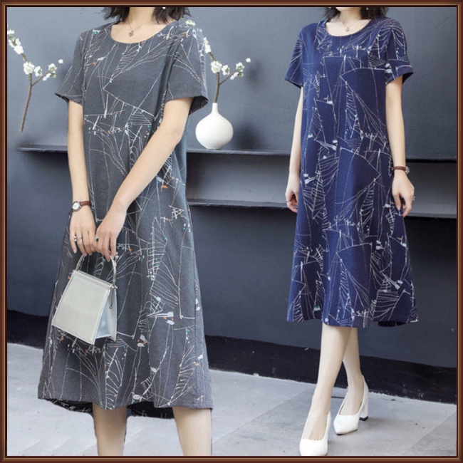 Đầm Midi Tay Ngắn Cổ Tròn In Họa Tiết Trừu Tượng Phong Cách Cổ Điển Thời Trang Cho Nữ