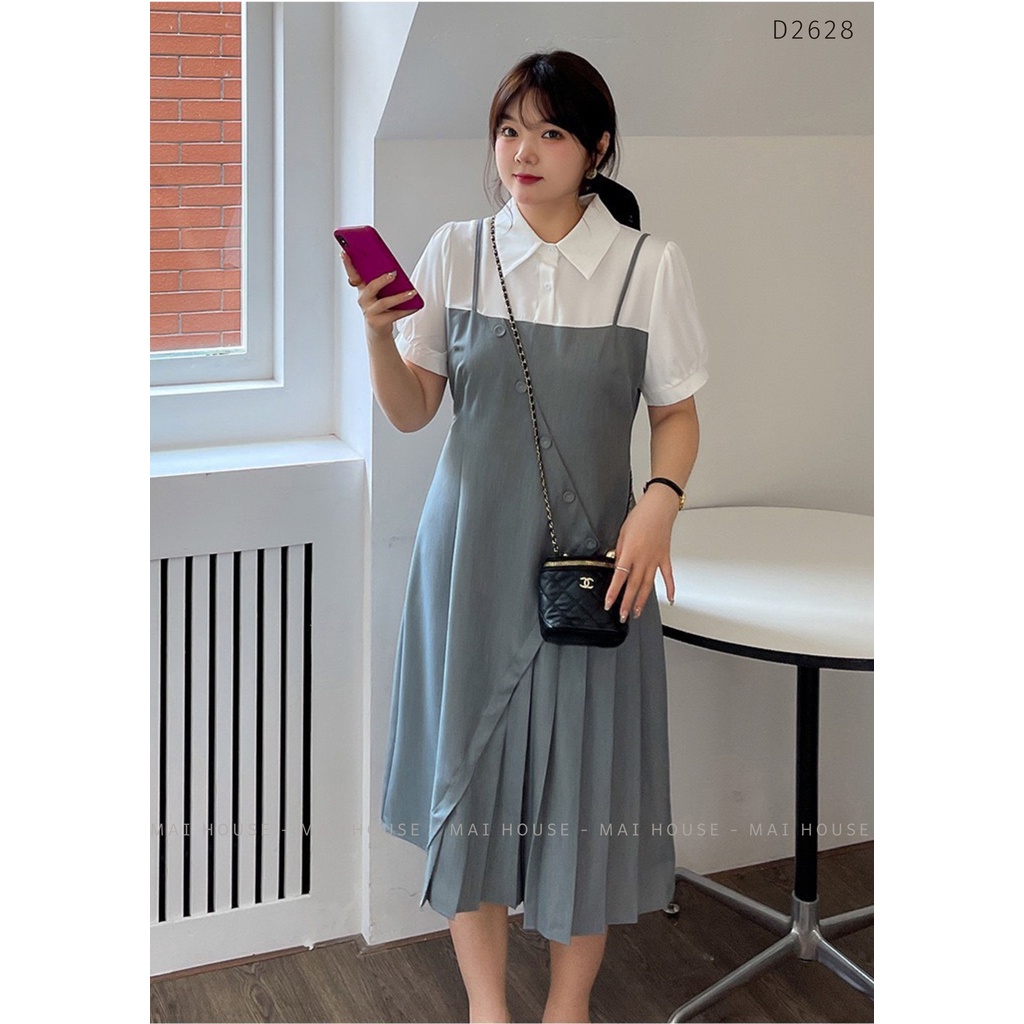 Đầm đi chơi bigsize MAIHOUSE cổ sơ mi đính cúc tay phồng dáng suông dập ly chất lụa phù hợp dự tiệc công sở - D2628