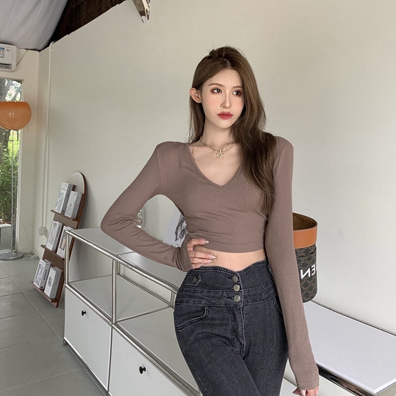 IELGY   Áo Thun Tay Dài Cổ Chữ v Ôm Dáng Thời Trang Cho Nữ