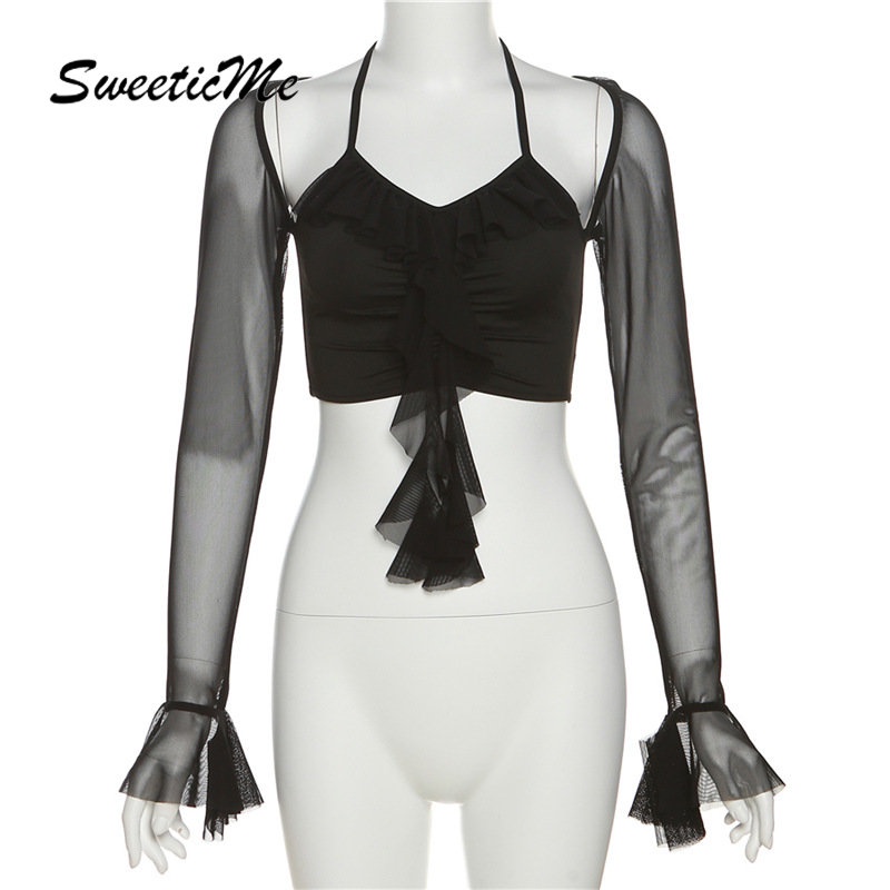 Áo Thun Lưới Tay Dài Cổ Chữ V Màu Trơn Dáng Ôm Thời Trang 2023 Dành Cho Bạn Nữ