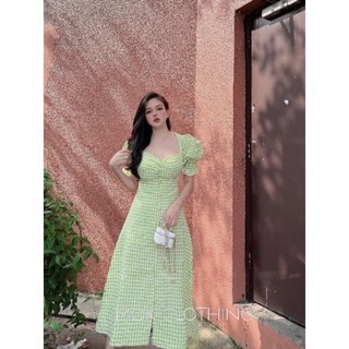 Đầm caro xanh nhún ngực tay bo 🍀