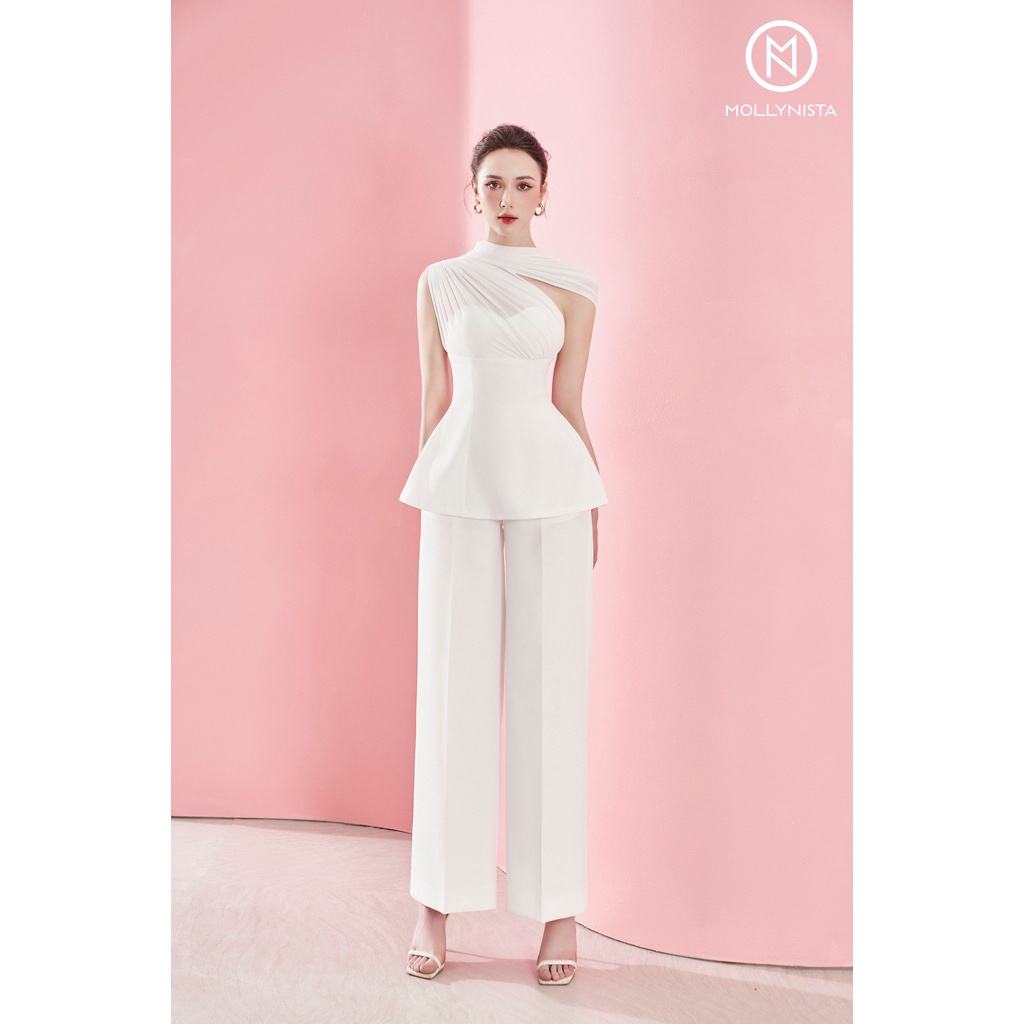 MOLLYNISTA (SALE 35%) Áo thiết kế peplum phối thun chéo cổ thanh lịch nữ tính cao cấp công sở form ôm tôn dáng