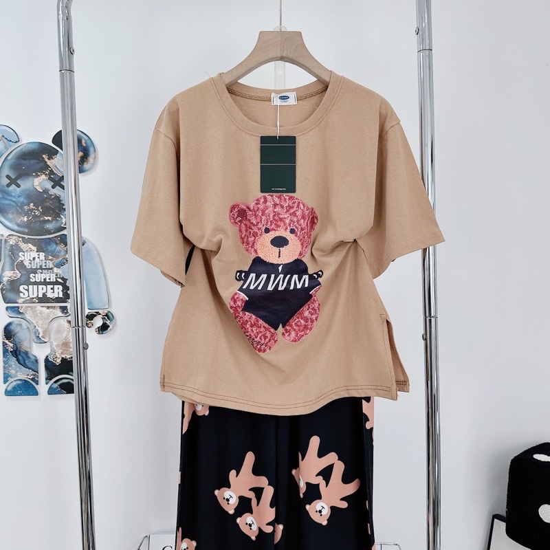 Set áo phông nâu mix quần suông gấu nâu siêu xinh Áo cotton khô QC l1 dày đẹp, hình ép 5D nét căng, xẻ gấu chuẩn mẫu