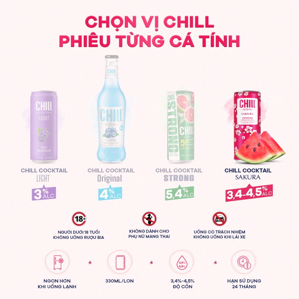 Combo 3 Thùng 6 lon Chill Cocktail Sakura mix vị Vải Sake & Dưa Hấu Sake (18 lon x 330ml/lon)