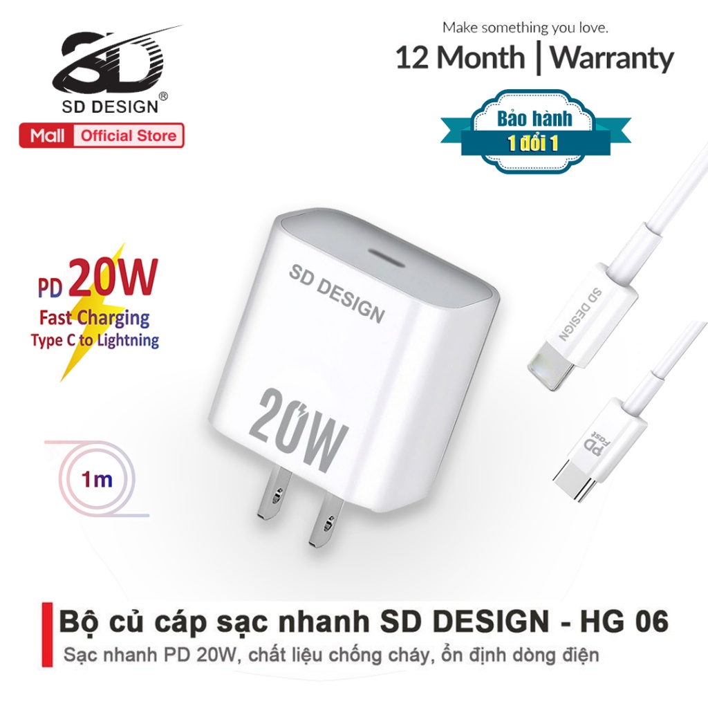 Bộ Củ Cáp Sạc Nhanh 20W chính hãng SD DESIGN HG 06 sạc ổn định an toàn cho điện thoại 6 đến 14