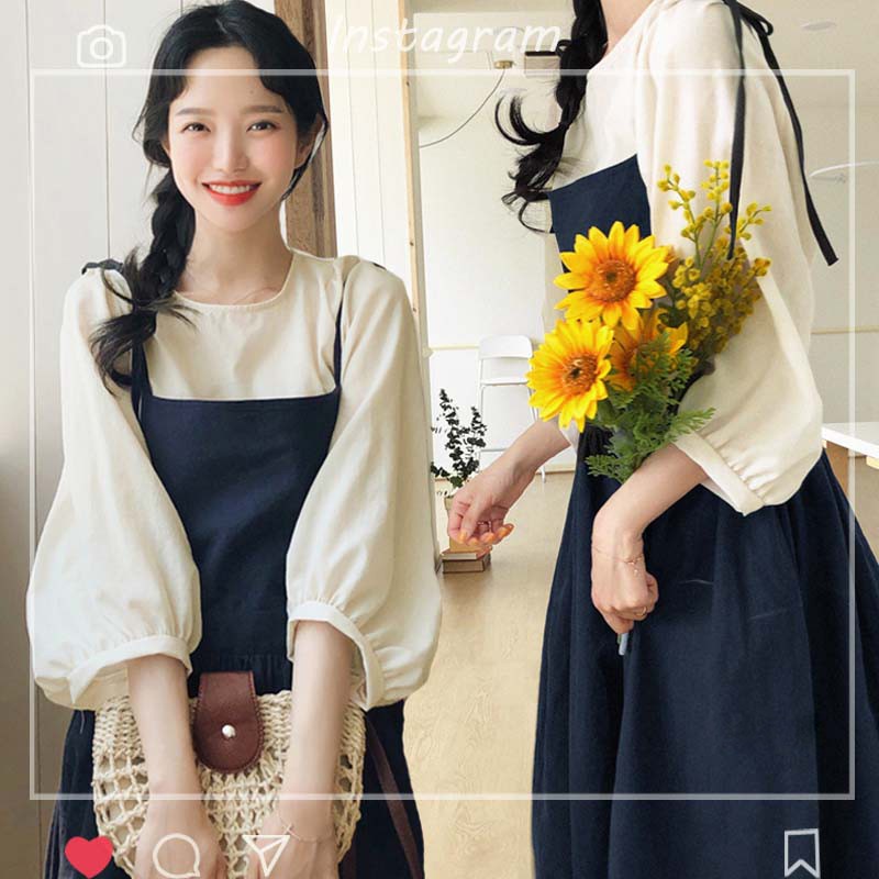 Set áo + váy yếm hai dây thắt nơ xòe dài Vintage Hàn Quốc (ORDER) - Có ảnh thật