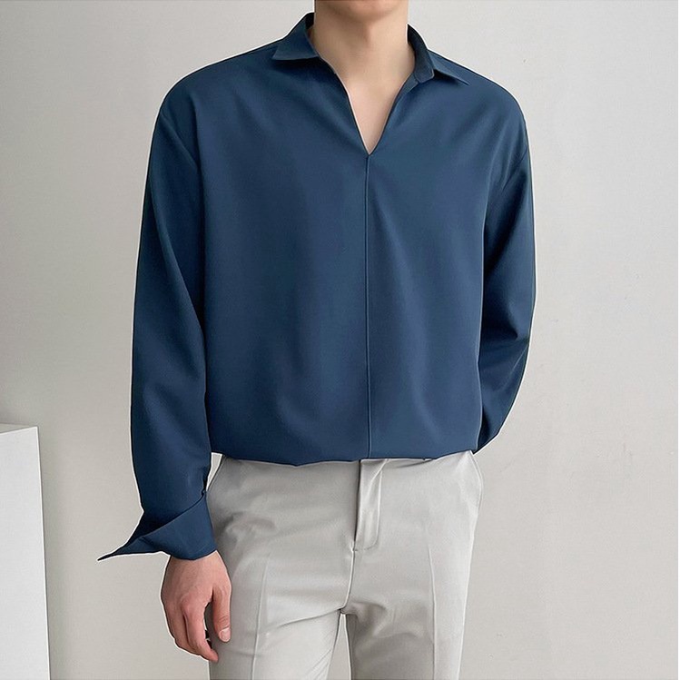 Áo sơ mi nam nữ cổ V vải lụa form rộng Unisex nam nữ tay dài Hàn Quốc,sơ mi nam Menswear | BigBuy360 - bigbuy360.vn