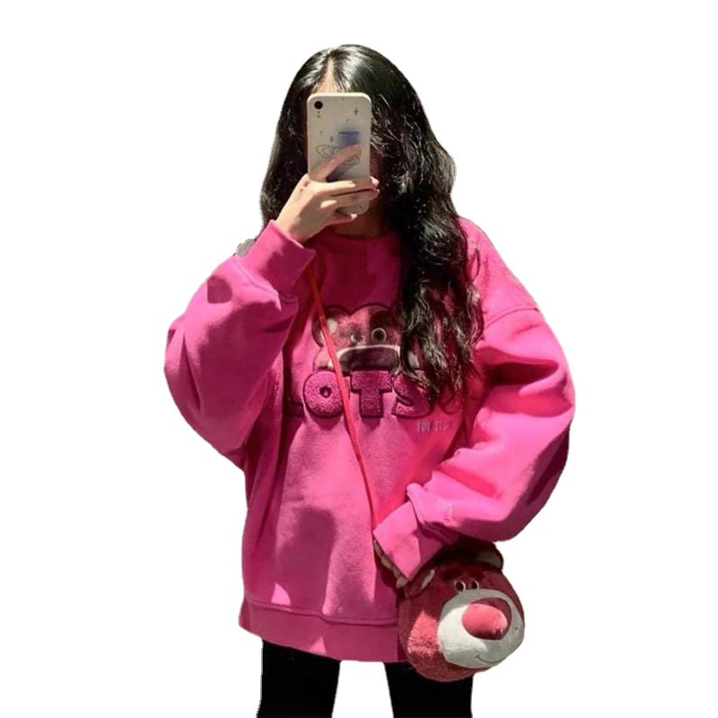 Áo Nỉ Thái Lan Dáng Rộng Thêu Hình Gấu Và Dâu Tây Màu Đỏ Hồng Thời Trang Thu Đông Mới