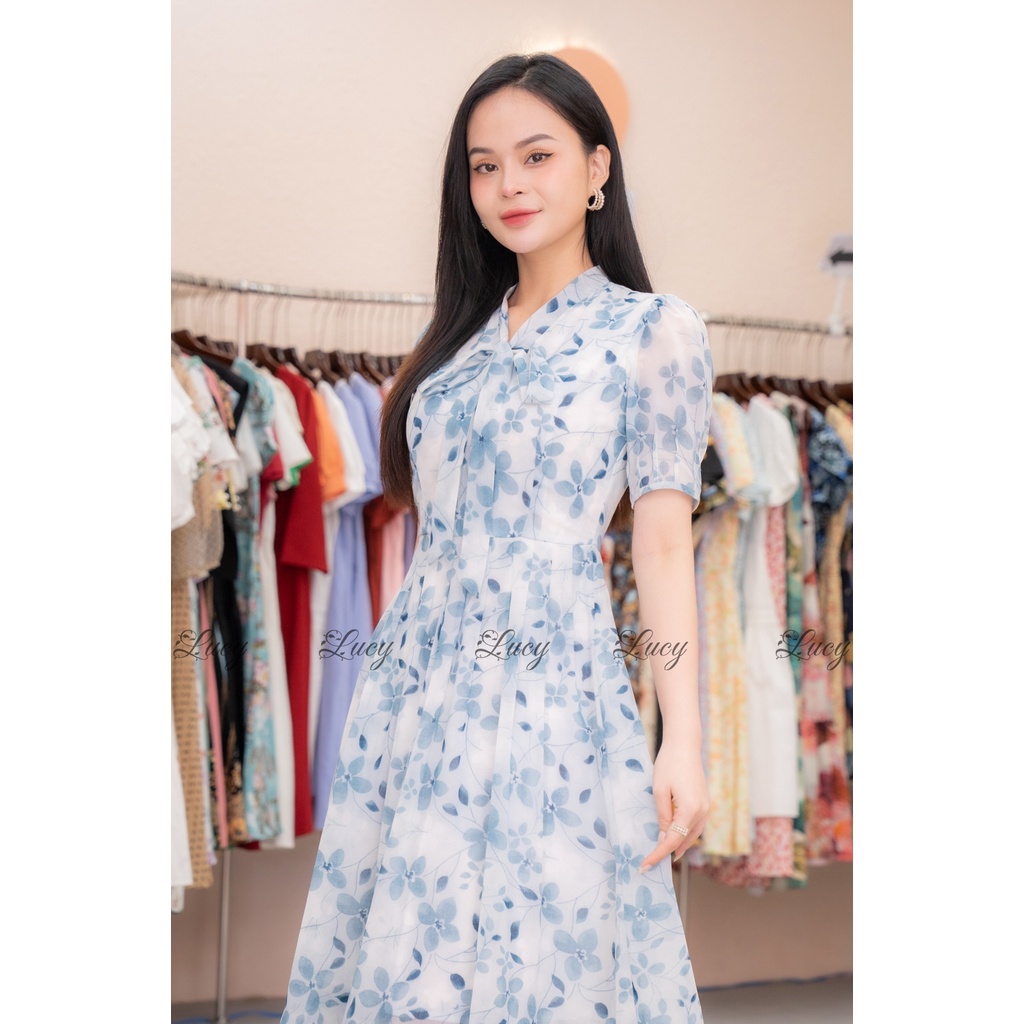 Đầm xoè Jewe 5895 voan hoa xếp ly nơ cổ cách điệu váy Lucy