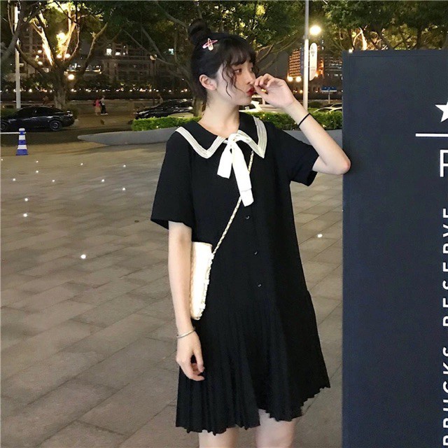 (Order) bigsize Đầm cổ viền ren phối nơ, chân xếp li siêu xinh 2019 ullzang