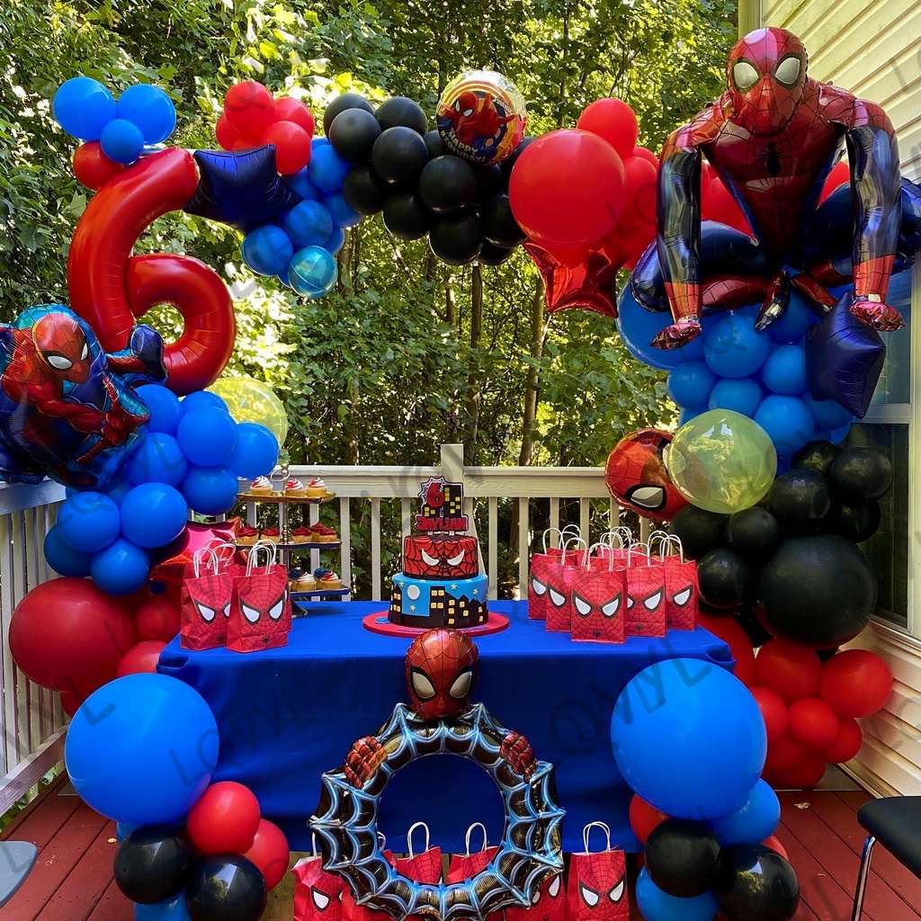 Mới Set 90 Bong Bóng Trang Trí Tiệc Sinh Nhật Phong Cách Marvel Spiderman Siêu Anh Hùng Cho Bé Trai