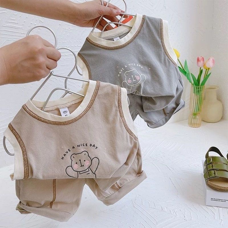 MNGRL Set Đồ Bộ Áo Ba Lỗ Quần Đùi Cotton In Hoạt Hình Cho Bé Gái Bé Trai