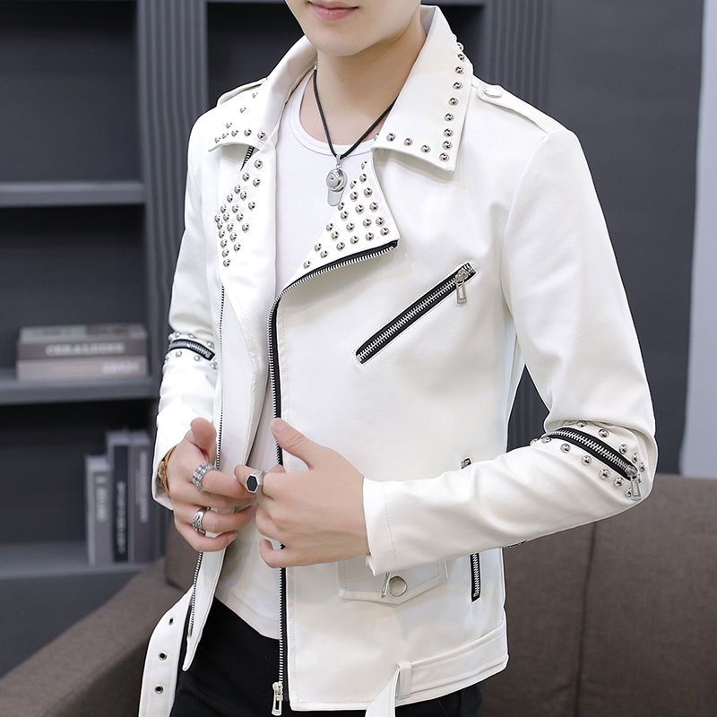 Áo Khoác Da Dáng Ôm Đính Đinh Tán Phong Cách Hàn Quốc Thời Trang Xuân Thu Cho Nam