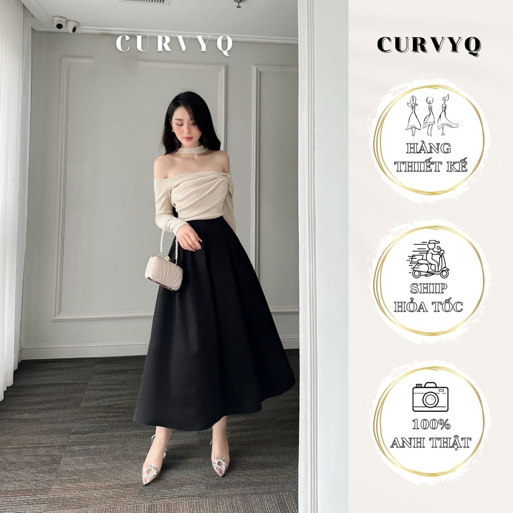 Áo Kem Trễ Vai Dài Tay Cài Hoa Đá Quai Dây Quàng Cổ Thời Trang Thiết Kế Nữ CurvyQ