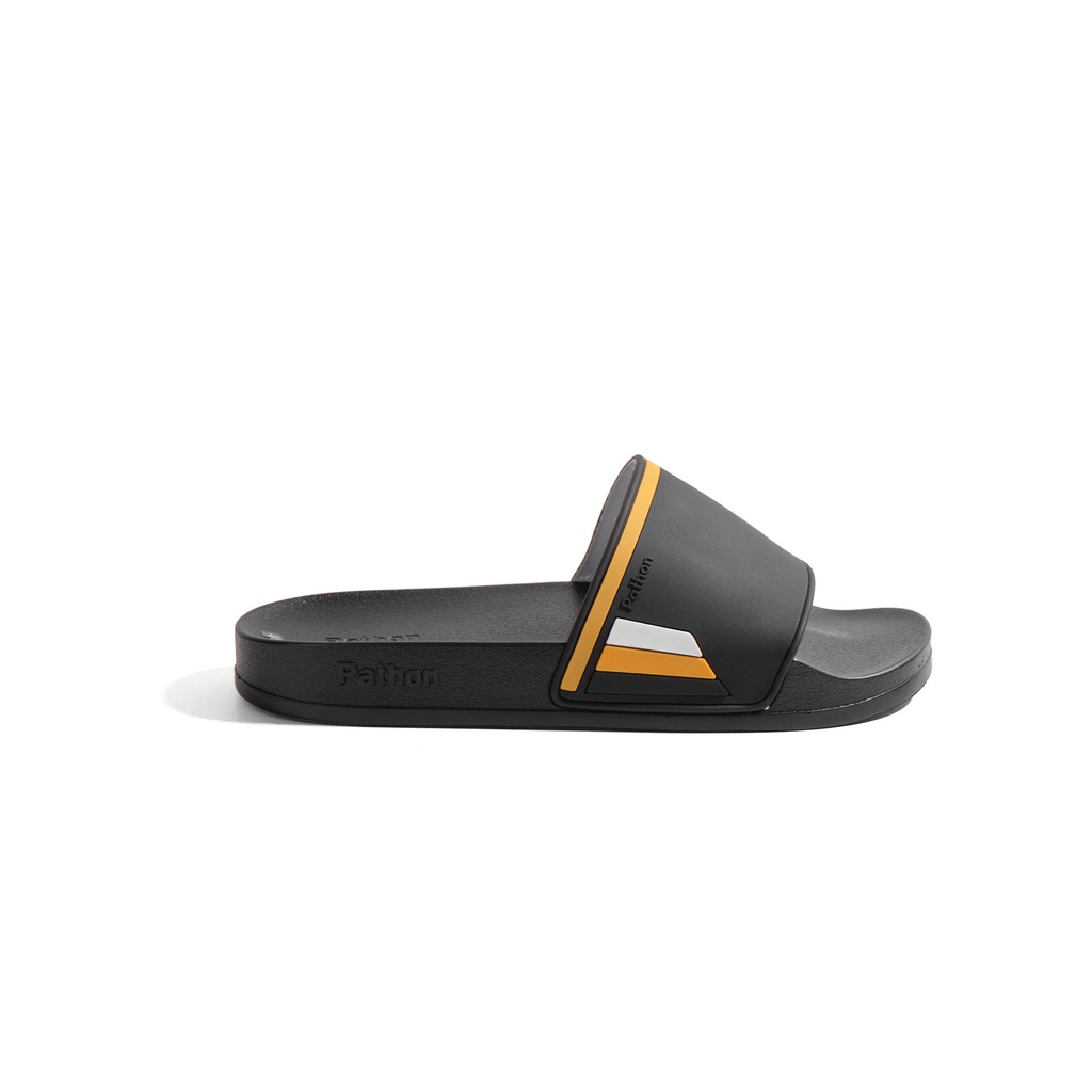 Dép nam nữ quai ngang slipper Pathon quai PVC và đế PU đen quai đen phối kẻ vàng trắng SD118