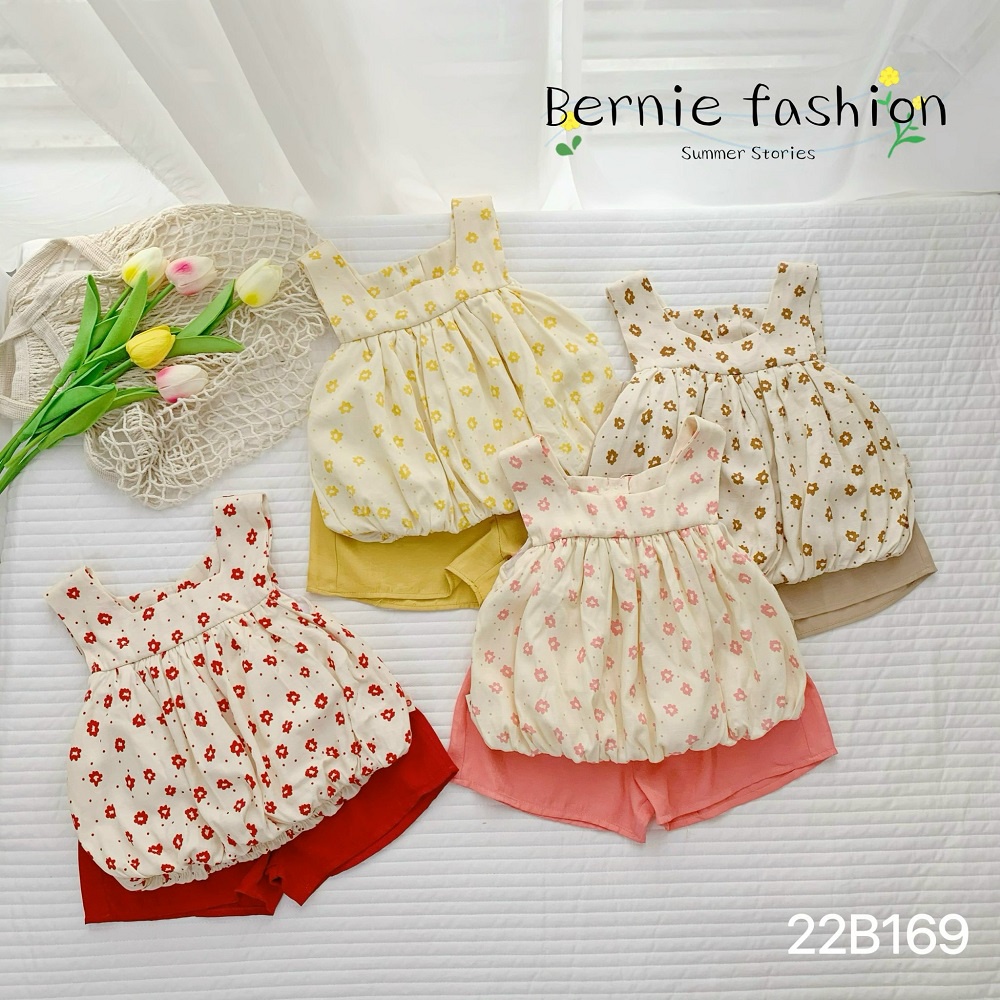 Set bộ đi chơi bé gái BERNIE hoa nhí áo phồng màu vàng hồng be đỏ bé đi chơi đi biển bé 9 đến 24kg