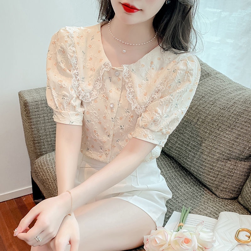 IELGY  Áo Kiểu Tay Phồng Ngắn In Hoa Thời Trang Cho Nữ