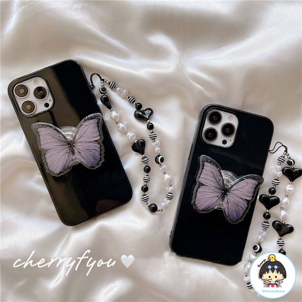 Ốp Điện Thoại TPU Mềm Chống Rơi Họa Tiết Bướm Có Giá Đỡ Và Dây Xích Ngọc Trai Cho IPhone 14 13 12 11 Pro Max XS XR 8 7