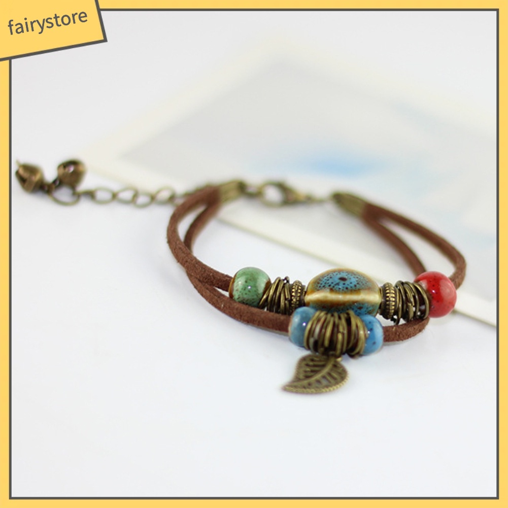 Vòng Tay Da Giả Hai Lớp Đính Hạt Và Lá Sứ Phong Cách Bohemian Fairy1 [Fairy1] Cho Nữ