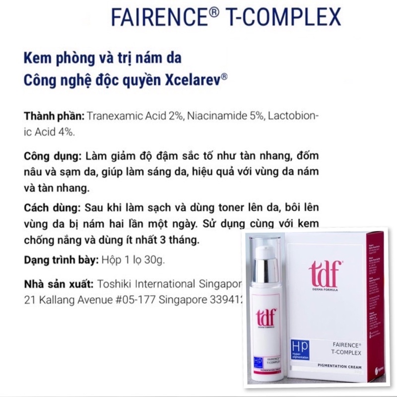 Mẫu mới Tdf Fairence T- Complex  Kem làm giảm Nám Da, Tàn Nhang, Đốm Nâu, Giúp Sáng Da Tdf Fairence