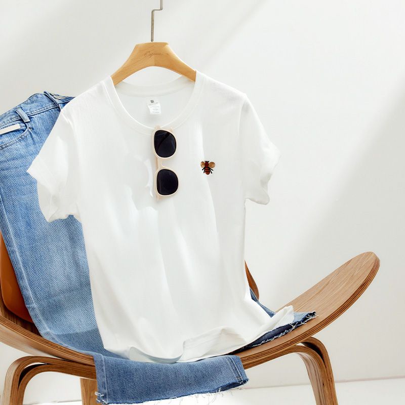 Áo Thun Tay Ngắn Dáng Rộng Màu Trắng Thêu Hình Chú Ong Nhỏ Thời Trang Mùa Hè 2023 Mới Cho Cặp Đôi