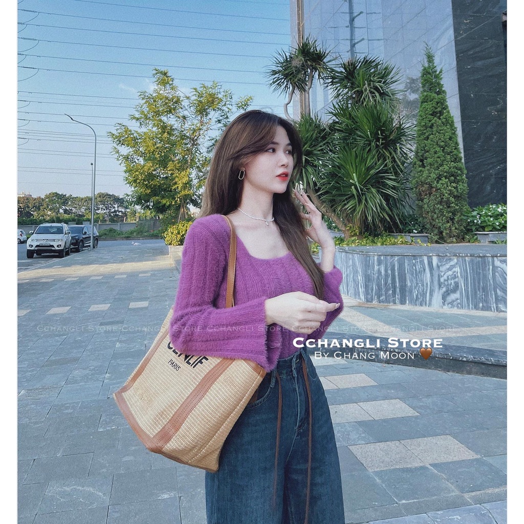 Áo len gân lông thỏ mượt nữ tay dài xòe cổ vuông dáng ôm hàng Quảng Châu đẹp dày dặn co giãn tốt mềm mịn 15356 5