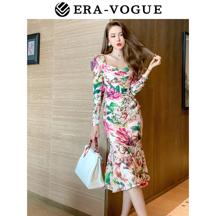 EraVogue🌷 Đầm Midi Cổ Vuông Tay Dài Họa Tiết Hoa Phong Cách Cổ Điển Thời Trang Quyến Rũ Cho Nữ 4195