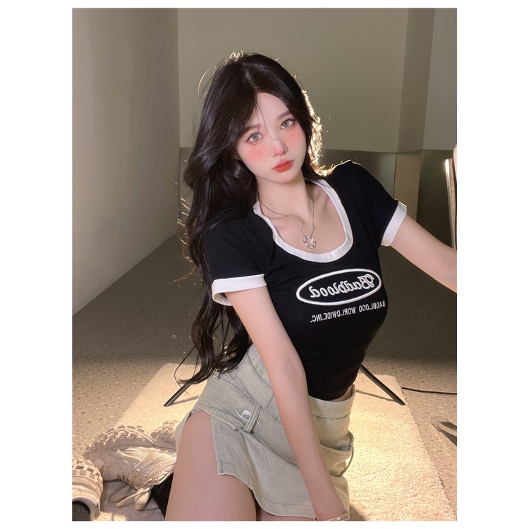 Áo Thun Ngắn Tay Cổ Chữ U Ôm Dáng Thời Trang Mùa Hè Hàn Quốc Hàng Mới Dành Cho Bạn Nữ