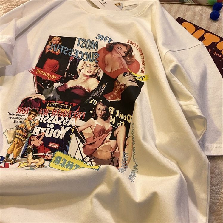 Áo Thun Cotton Ngắn Tay Dáng Rộng Thời Trang Mùa Hè Phong Cách Retro Mỹ