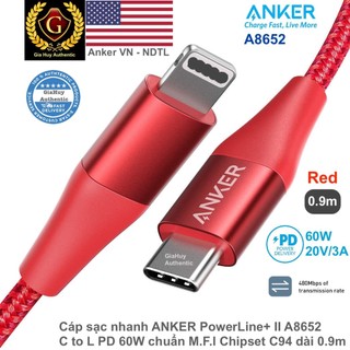 Cáp sạc nhanh ANKER A8652 PowerLine+ II C to L PD 60W chuẩn M.F.l C94 dài 0.9m