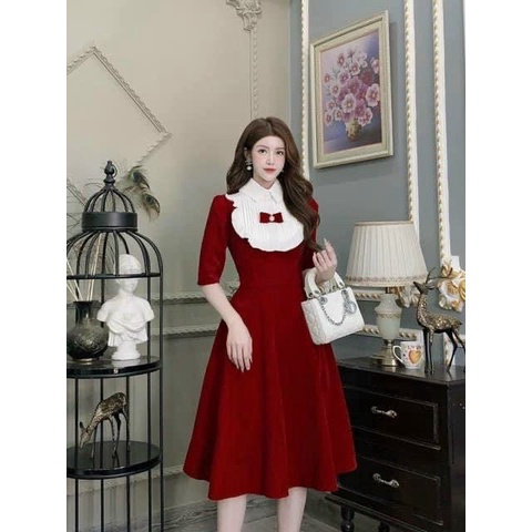 Đầm nhung dáng dài cổ áo sơ mi viền bèo phong cách cổ điển tay lững hàng cao cấp bán shop, váy đi tiệc cươi