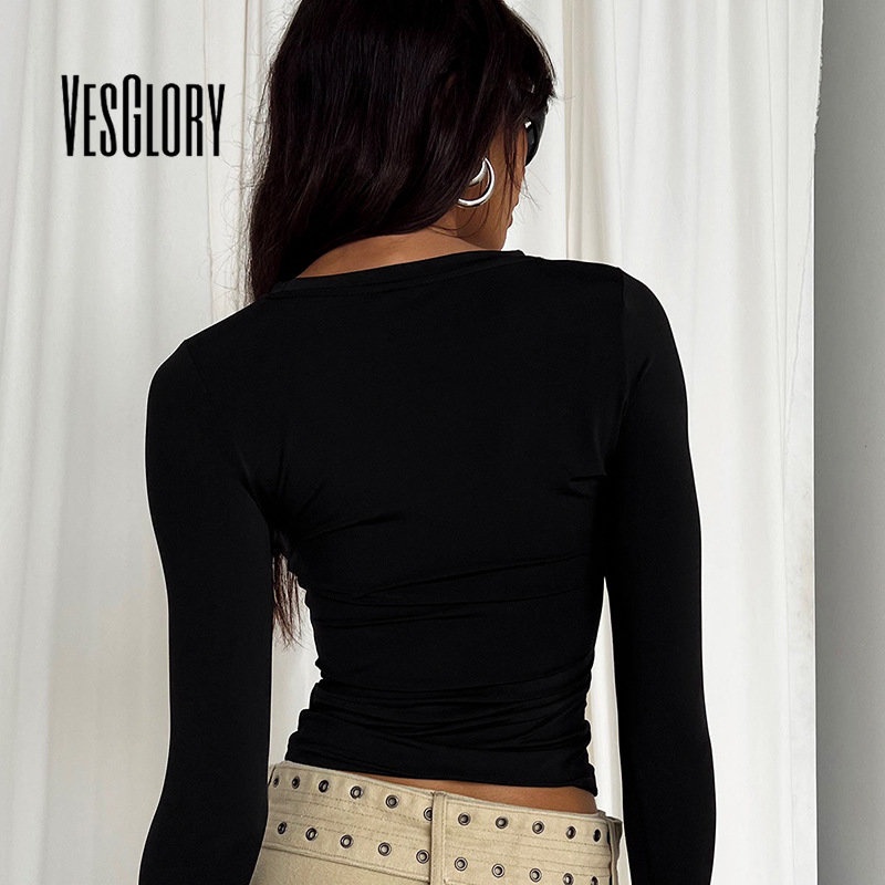 Áo Thun Tay Dài Cổ Tròn Màu Trơn Dáng Ôm Thời Trang Quyến Rũ Cho Nữ