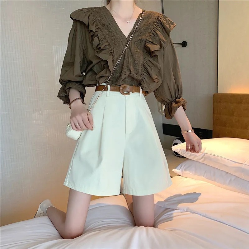 Quần ngắn dành cho nữ Ống Rộng Lưng Cao Màu Be Thời Trang Mùa Hè 2023