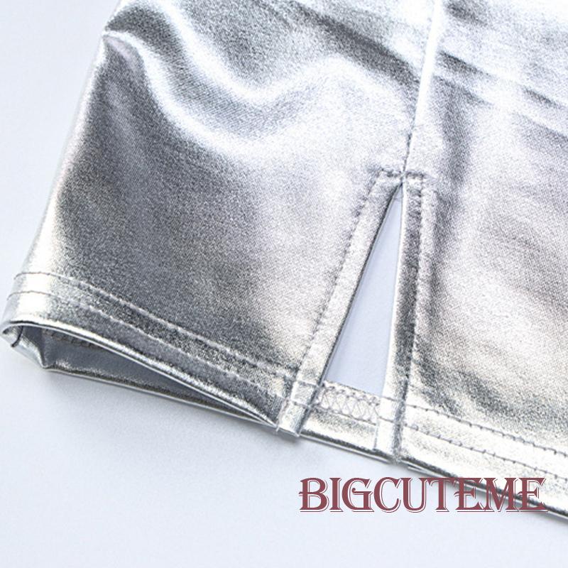 [] - Đầm Mini Hai Dây Màu Trơn Ôm Dáng Xẻ Tà Ánh Kim Lấp Lánh Cho Nữ