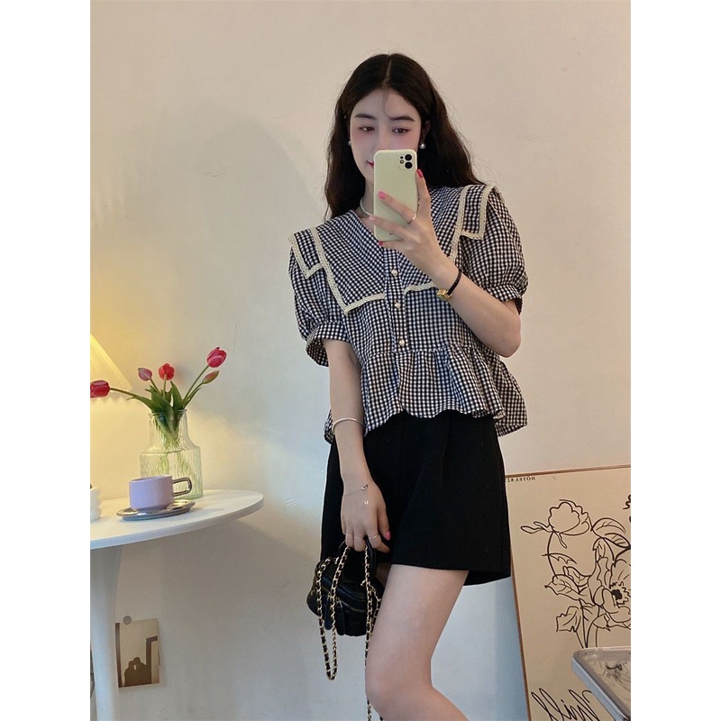 Áo Sơ Mi Chiffon Tay Phồng Họa Tiết Sọc Caro Thiết Kế Mới Thời Trang Theo Phong Cách Vintage