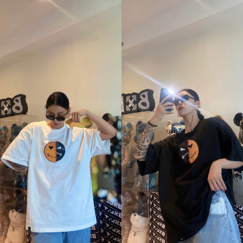 Áo Thun Cotton Tay Ngắn Dáng Rộng Cỡ Lớn In Hình Biểu Tượng Cảm Xúc Đính Kim Sa Lấp Lánh Thời Trang Cho Nam Và Nữ