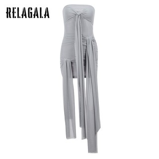 RelaGala Thời Trang Nữ Màu Trơn Tắt Dây Đeo Vai Thu Nhỏ Xếp Ly Đầm Không Tay Ôm
