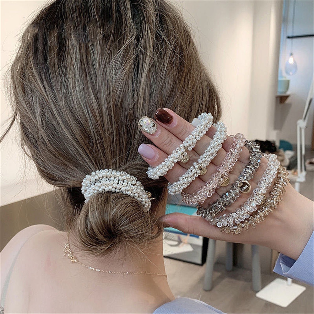 1 Dây Cột Tóc Cao Su Co Giãn Đính Hạt Giả Ngọc Trai Mới