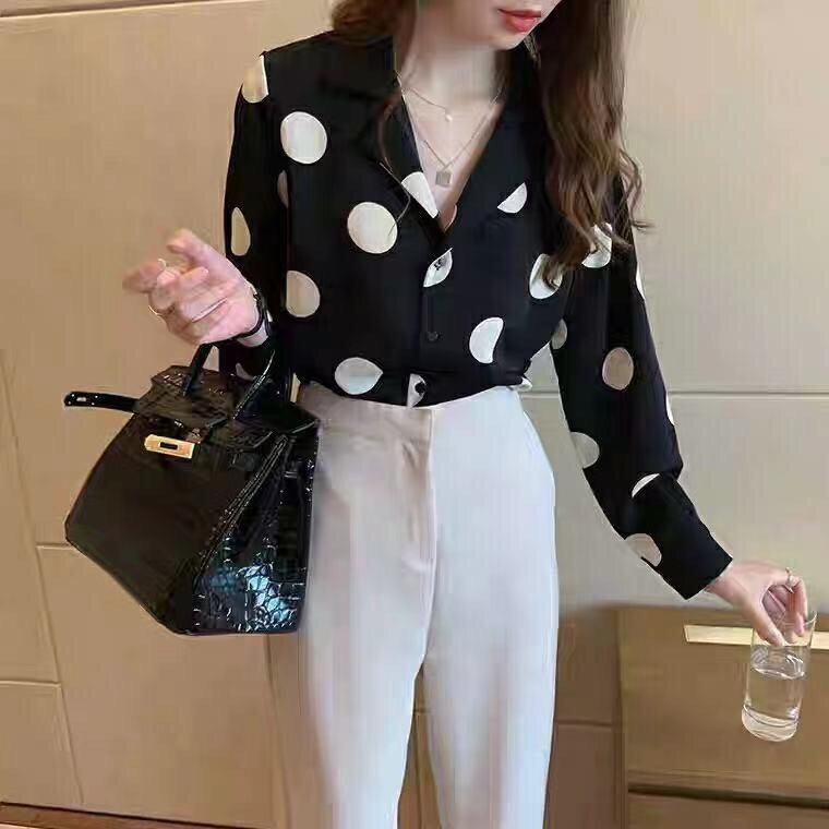 Áo Sơ Mi chiffon Chấm Bi Kiểu Hồng Kông retro Thời Trang Mùa Xuân 2023