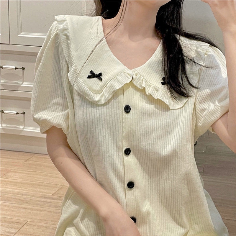 Bộ Đồ Ngủ Ngắn Tay Dáng Rộng Đính Nơ Ngọt Ngào Thời Trang Mùa Hè Mới Dành Cho Bạn Nữ