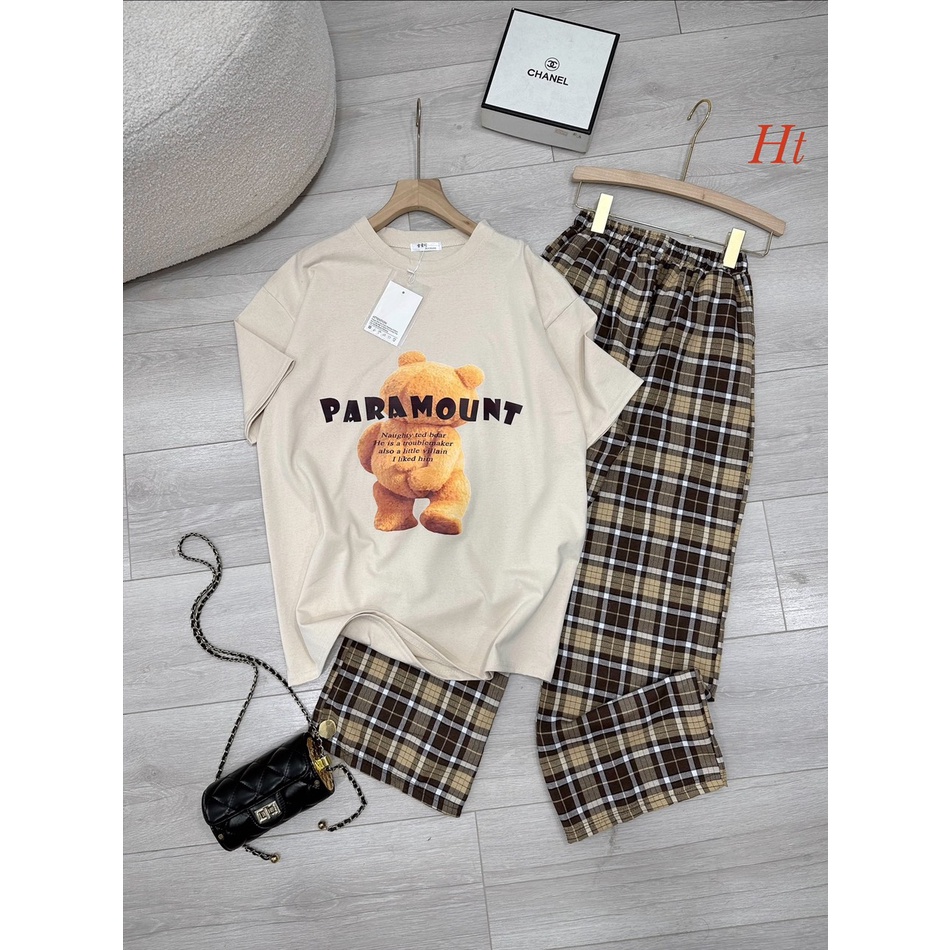 💖Hàng Loại 1💖 Sét Đồ Nữ Đi Chơi Đi Học , Sét Đồ Bộ Nữ Cotton Áo Thun In Gấu Para Mix Quần Ống Rộng Kẻ Caro
